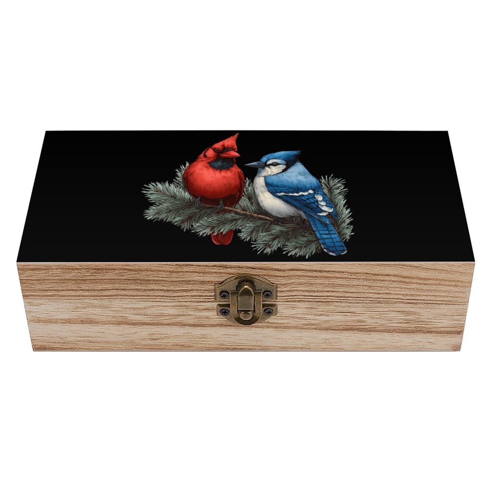 HLBSDM Cardinal And Blue Jay Wooden Box with Hinged Lid Decorative Storage Case Container