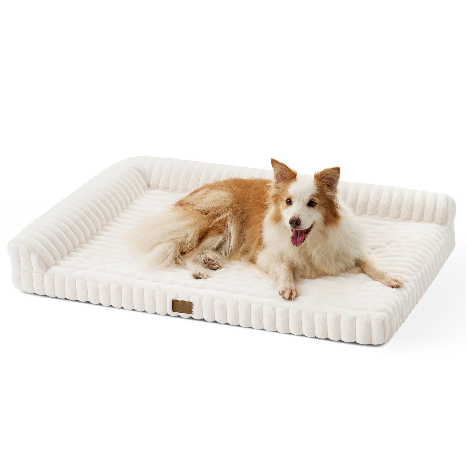 COZY KISS Cama Sofá Ortopédica para Perros Extra Grande XL, Sofá De Pelo Sintético Lavable para Perros Grandes, Cama Antideslizante con Cubierta Impermeable, Suave, Cálido, L, 112x81x18cm, Beige