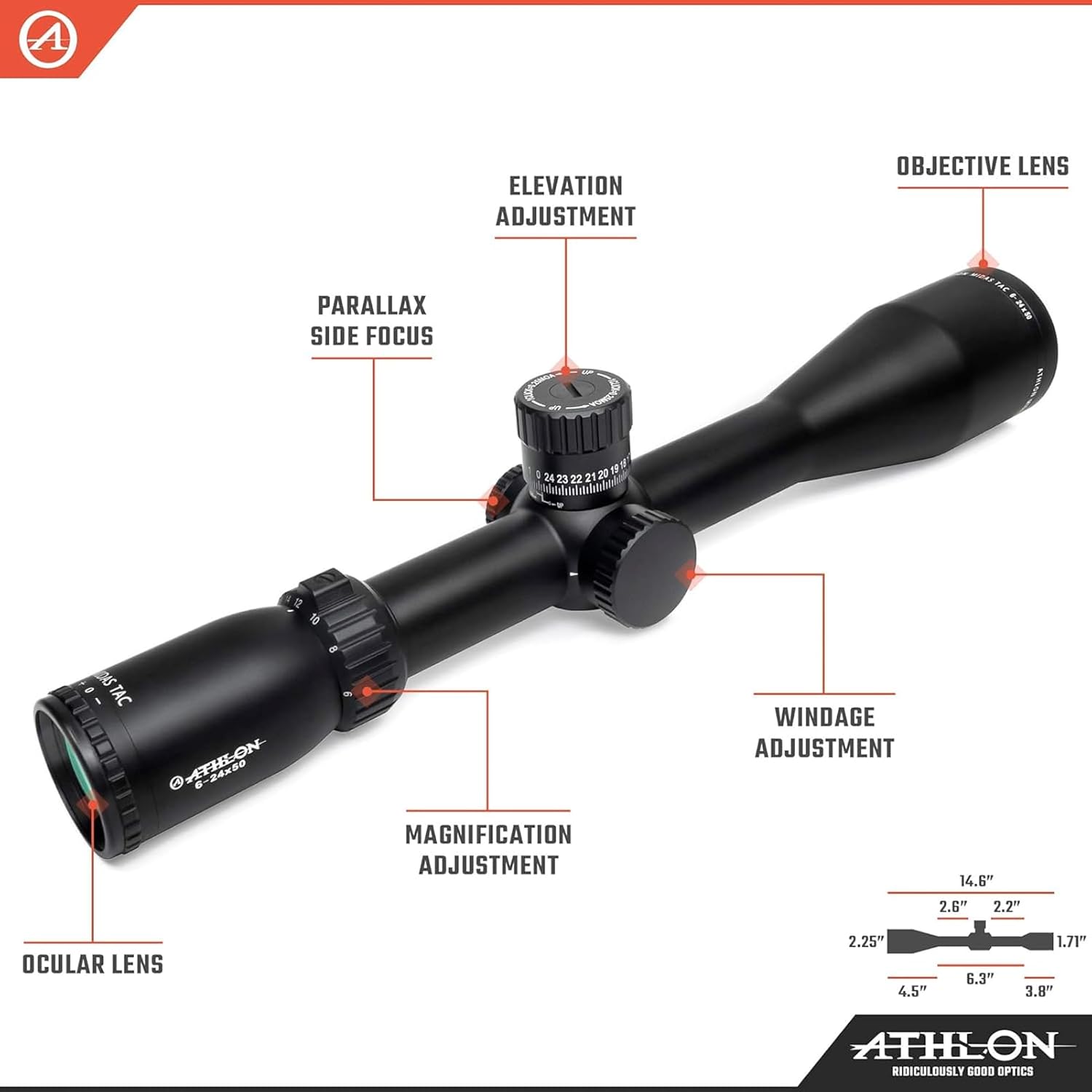 Athlon Optics Midas TAC HD 6-24x50 F1/First Focal Plane 30mm Tube Magnifying True Precision Zero Stop Shockproof Weatherproof Hunting Long-Range Target Shooting Gun Scope