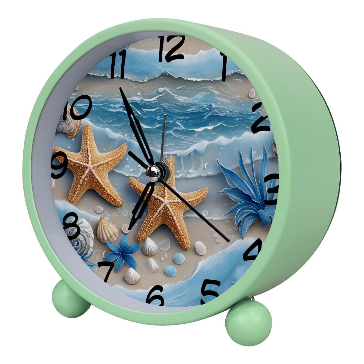 Luoweisi Analog Alarm Clock Beach Starfish Seashell, Silent Non-Ticking with Night Light, Battery Operated, Round Desk Alarm Clock for Office, Bedroom, Elderly, Adults, Children, Student Gifts