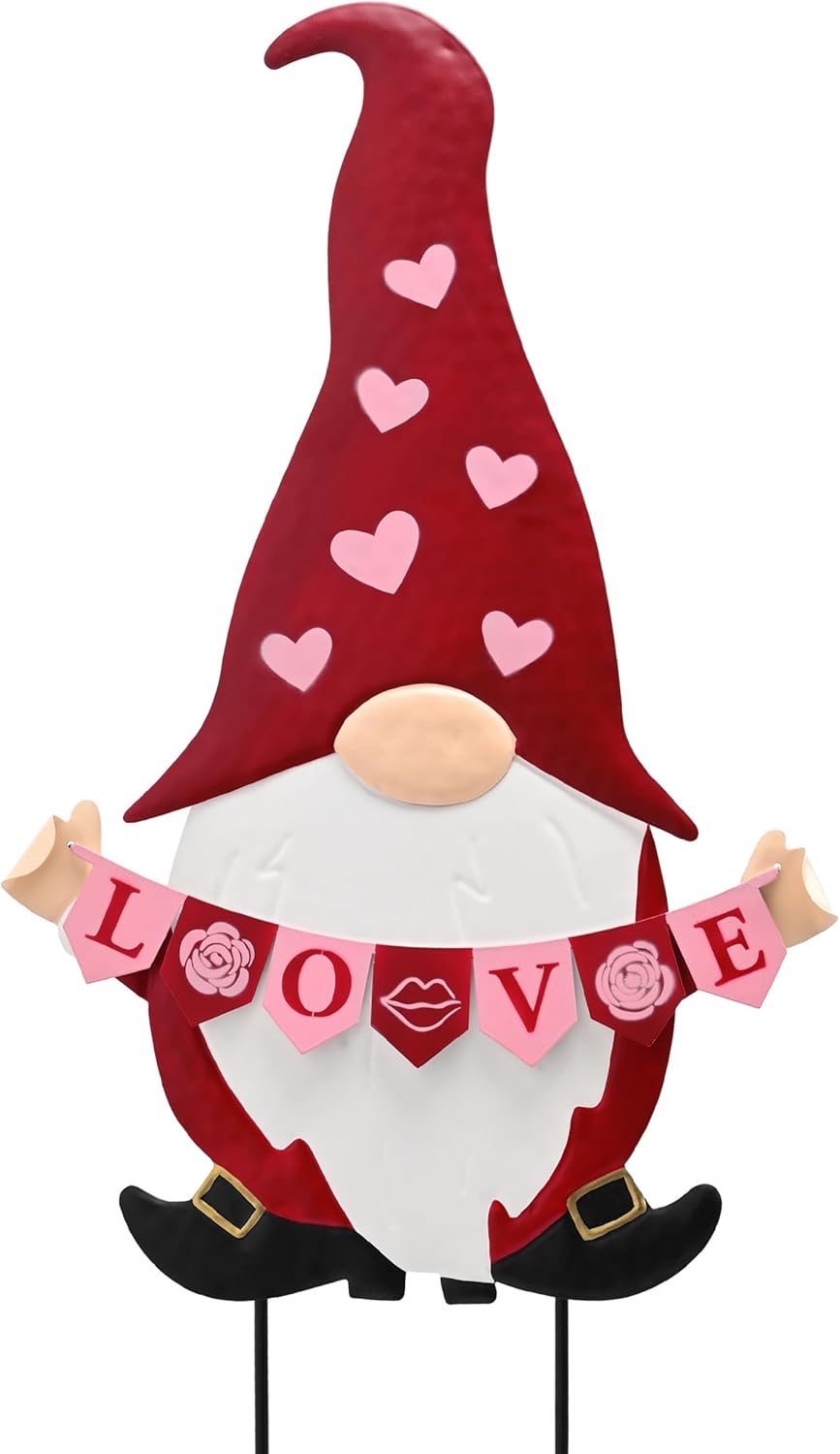TERESA'S COLLECTIONS Valentine's Day Gnome Decor, 27" Metal Yard Stakes with Love Sign, Pink & Red Outdoor Garden Decor, Romantic Holiday Welcome Yard Signs for Lawn Porch Patio Home Decor
