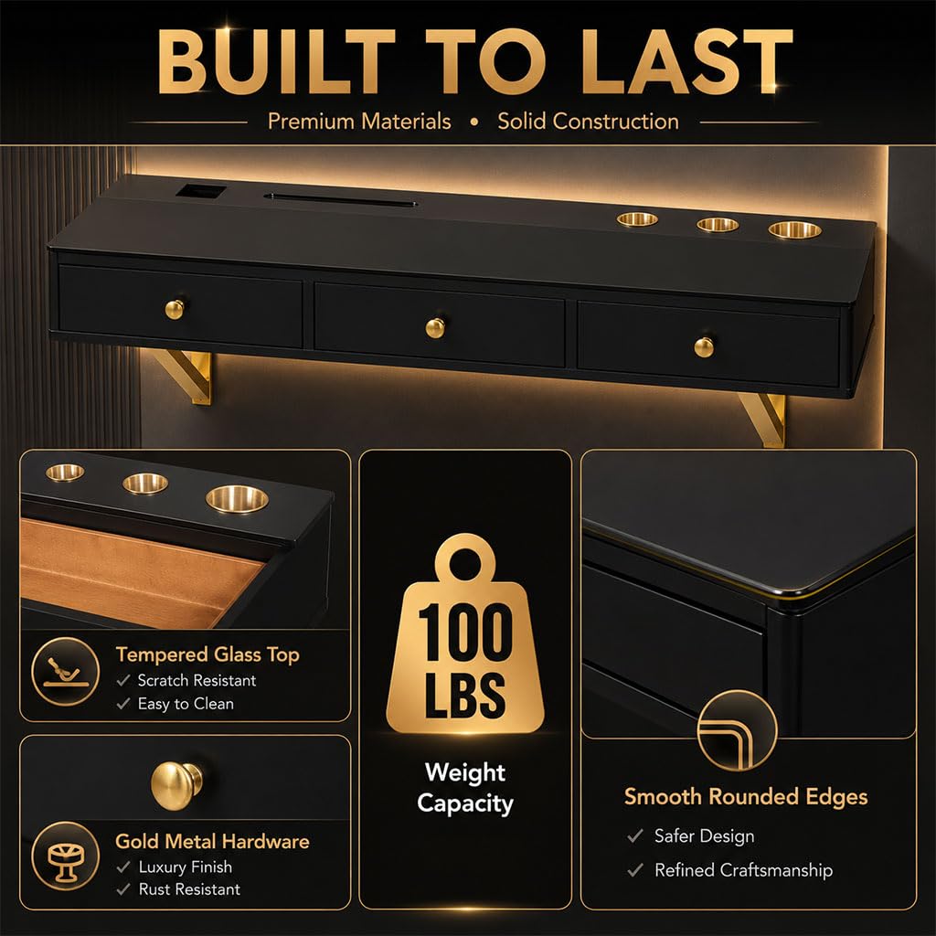 47 Wall-Mounted Floating Vanity Table Floating Shelf with Drawers & Storage Holes Multi-Purpose Makeup Station Hairdressing Desk or Study Table with Glass TopBlack product thumbnail 7