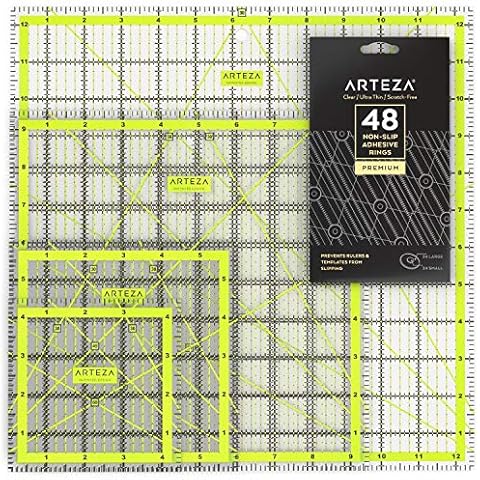 Arteza Acryl Patchwork Lineal Set & rutschfeste Ringe, Quiltlineal mit zweifarbigen Gitterlinien (11,43 x 11,43cm, 15,25 x 15,25cm, 24,13 x 24,13cm, 31,75 x 31,75cm, 4er Stofflineal Set) Cover