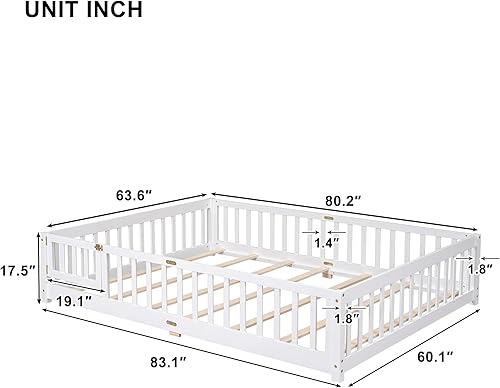Miniatura 2 de Harper &amp; Bright Designs Cama de suelo tamaño Queen con valla y puerta, marco de cama Montessori de madera para niños, niñas, listones incluidos, no