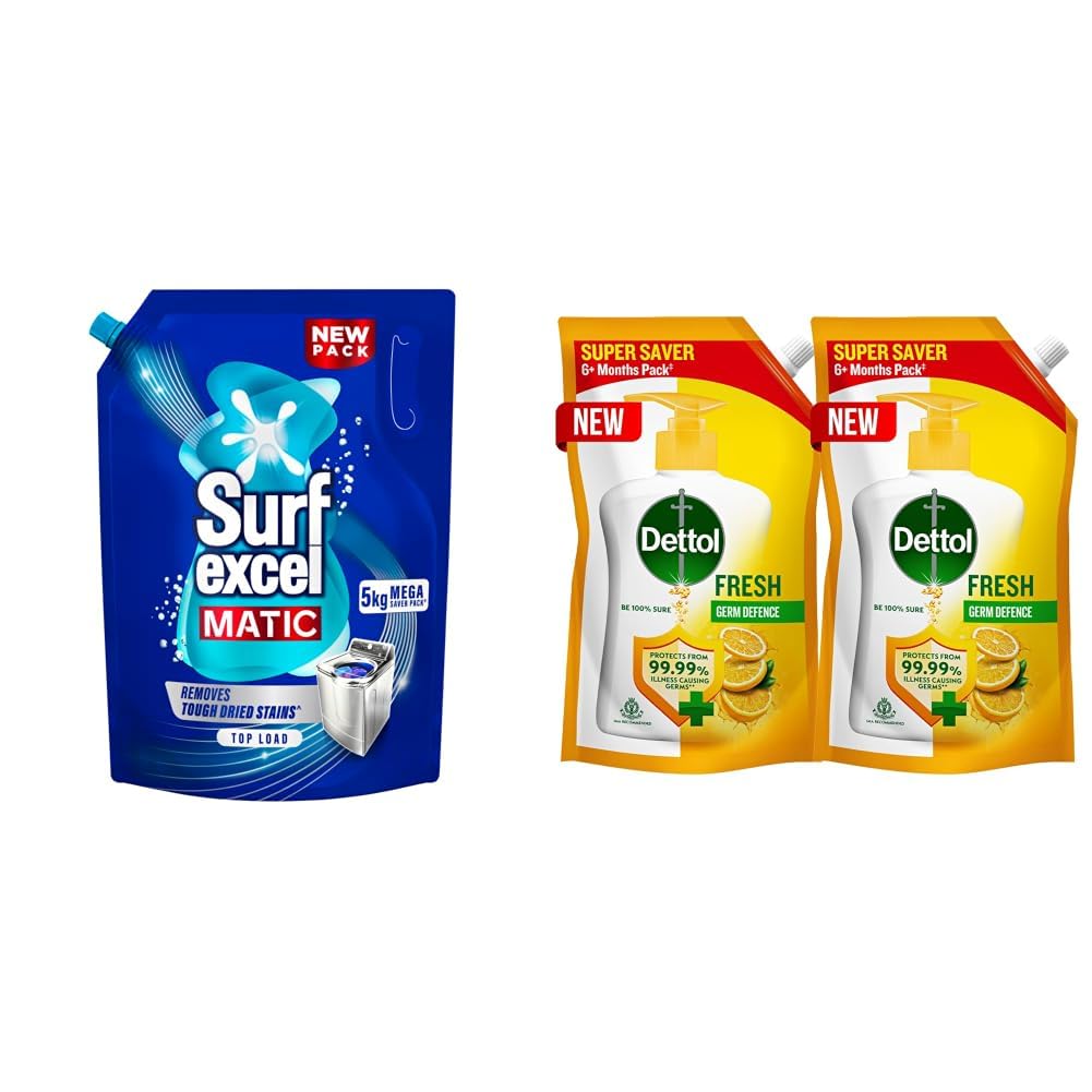Surf Excel Matic Top Load Liquid Detergent 5Kg Refill Pouch, Specially designed to remove Tough Dried Stains, 1st time in Washing Machine & Dettol Fresh Liquid Hand Wash 675ml (Pack of 2)-image-49