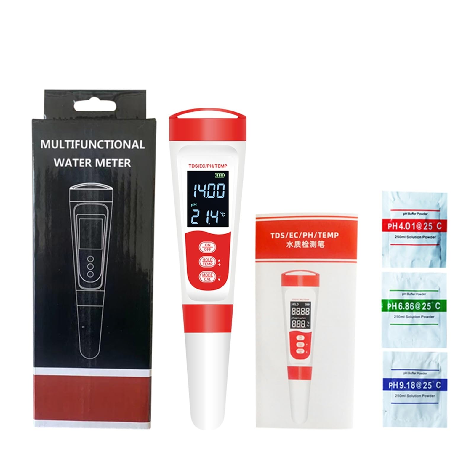 Digital pH Meter, 4 In1 PH Temperature TDS EC PH Meter Digital Waterproof Water Quality PH Tester Water Purity Testing Pen for Pools Aquaculture