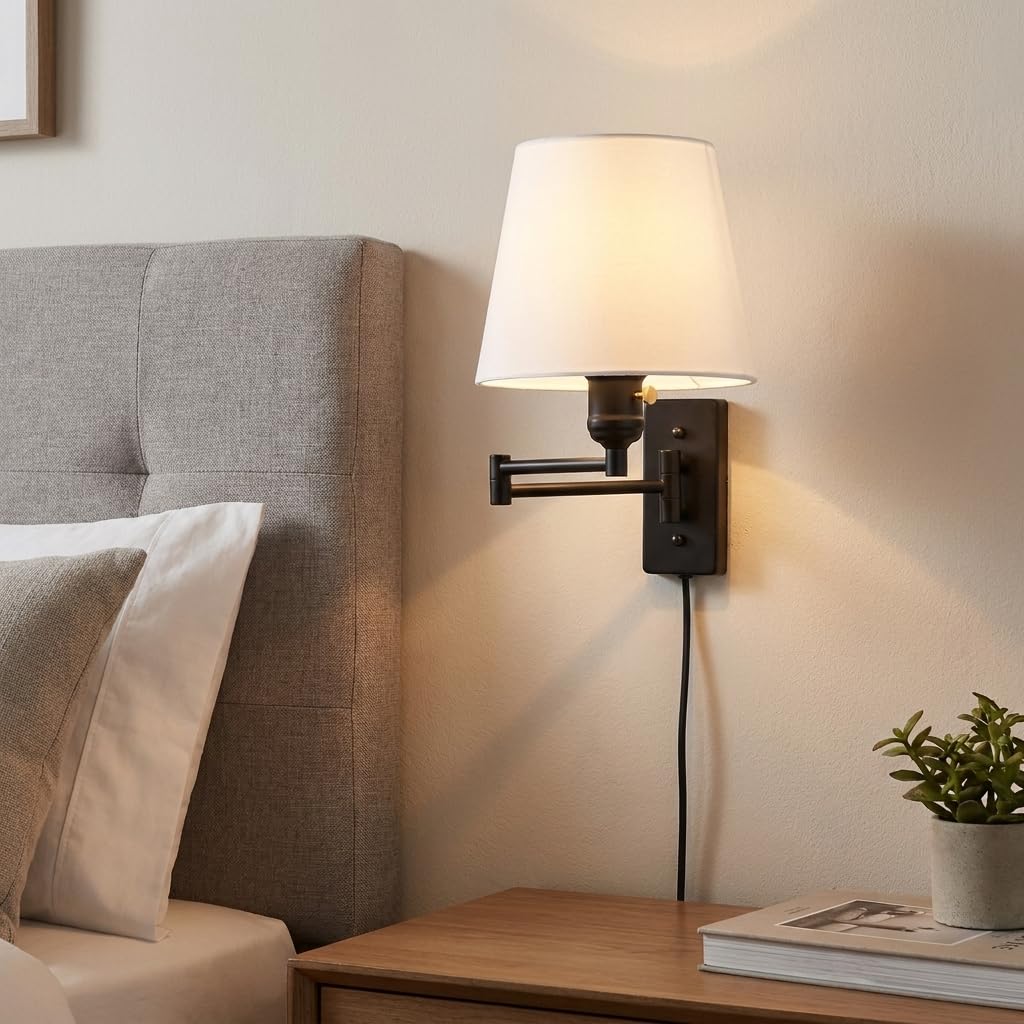 B·LED BARCELONA LED BarcelonaLED Wandleuchte mit Gelenkarm, nordisches Schwarz, modern, mit Steckerkabel und Schalter, Stoffschirm, weiß, E27-Fassung für Lesen Schlafzimmer Nachttisch Hotel