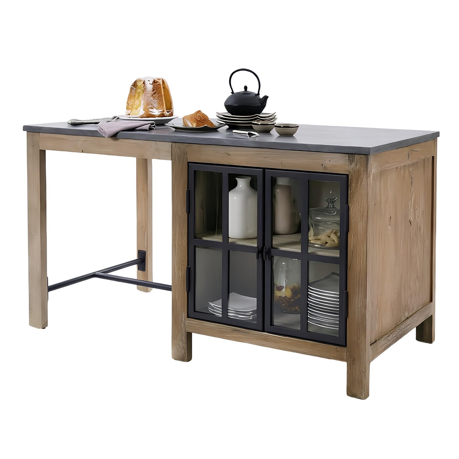 Isola da cucina con piano in pietra, tavolo da preparazione indipendente e mobiletto portaoggetti, elegante soluzione di archiviazione per chef domestici e intrattenimento