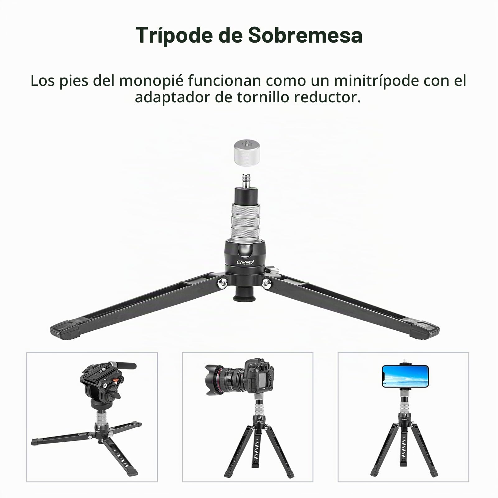 Cayer CF34DV Monopod para Video Profesional Cámara telescópica de Fibra de Carbono de 71 "Monopod con Cabezal de Movimiento de inclinación Horizontal y Base de trípode de 3 Patas
