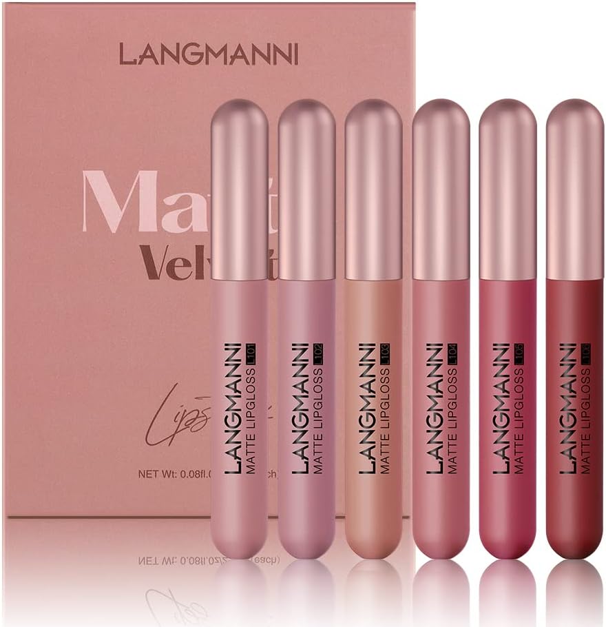 LANGMANNI 6 Colors Velvet Matte Lipgloss Set,Capsule Tube Shape Lipgloss With Women's Daily Makeup Lipstick Set