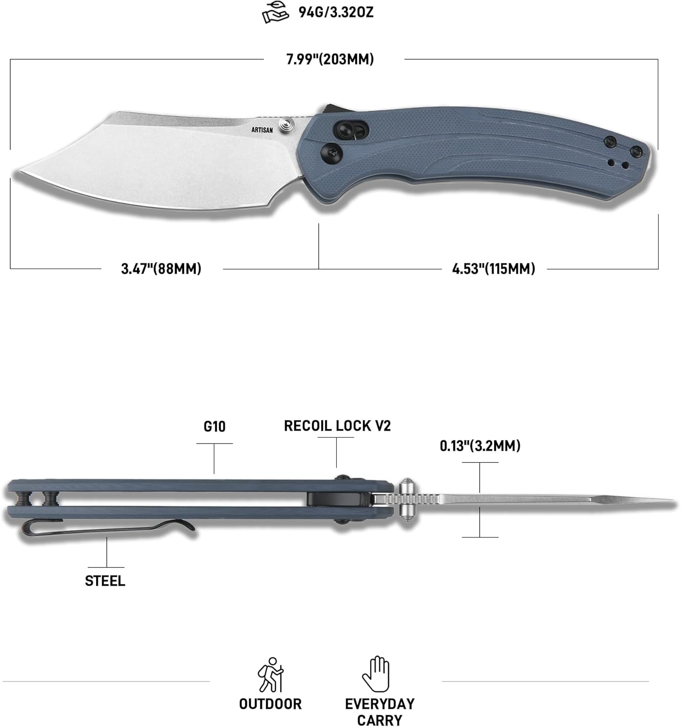 ARTISANCUTLERY Simoon Pocket Knife, 3.47" AR-RPM9 Steel Blade G10 Handle Folding Knife with Recoil Lock V2, EDC Knives for Camping Hiking Survival(ATZ-1882 Blue)