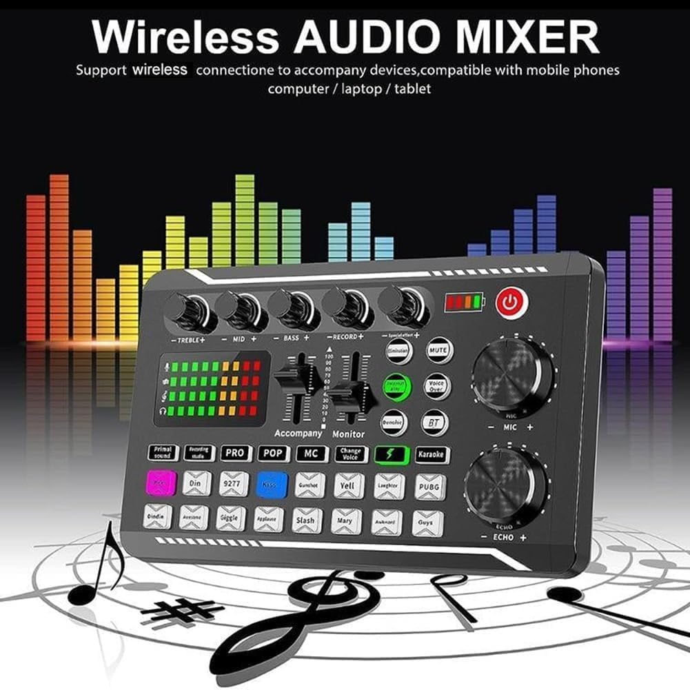 Scheda Audio Live con Effetti di Mixer e Cambiatore di Voce, F998 Mixer Audio, Scheda Audio Professionale con Luce LED, Molteplici Effetti Sonori e Cambiatore di Voce per Streaming,Black