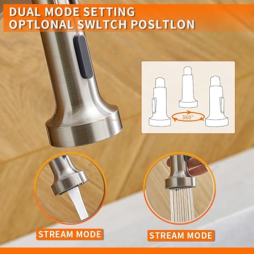 Miniatura 15 de OWOFAN - Grifos para fregadero de cocina, con rociador plegable, de latón macizo, con acabado en níquel cepillado, diseño industrial, con un mango