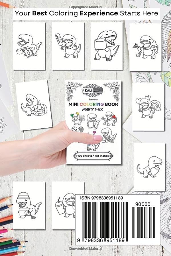 Mighty T-rex 4x6 Mini Coloring Book Hand Drawn Illustration Kids Adults 100 Pages: Bold & Easy Tiny Small Pocket Size Travel Friendly Funny and Cute [Kali Press] image 3
