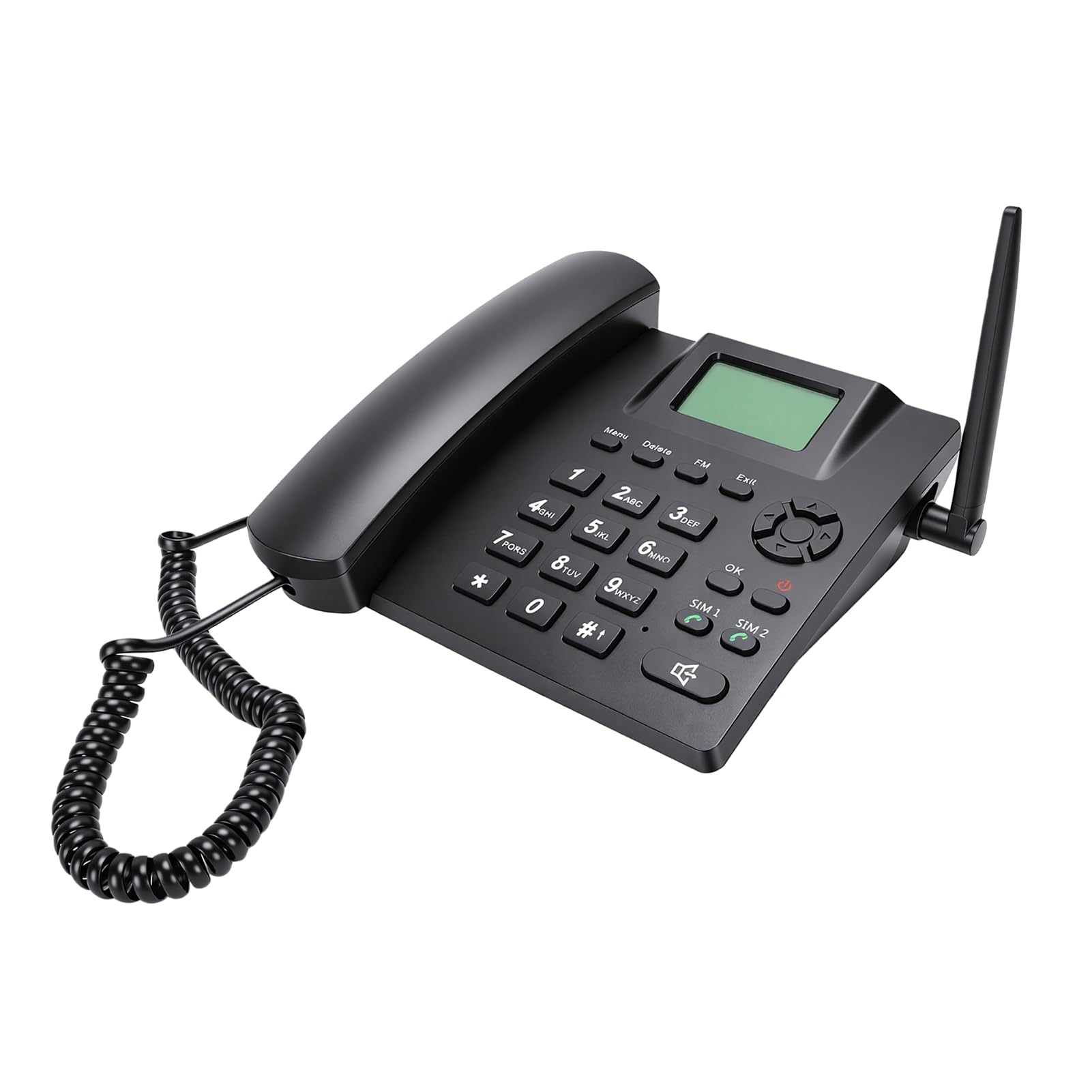 Telefono fisso cordless Dual SIM GSM 2G, nero | Telefono da scrivania con batteria integrata da 1200 mAh e funzione sveglia, rubrica da 500 contatti, ideale per la casa