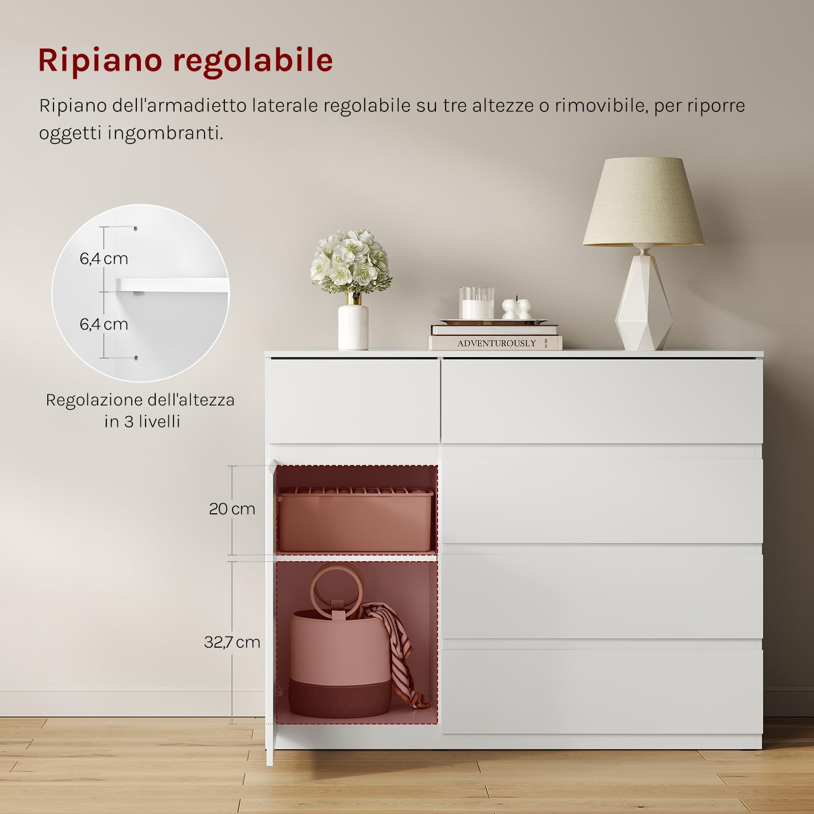 WOLTU Cassettiera Camera da Letto, Mobiletto Salvaspazio con 5 Cassetti e 1 Armadietto, Ripiano Regolabile, per Soggiorno, Ingresso, 100x40x80 cm, Bianco