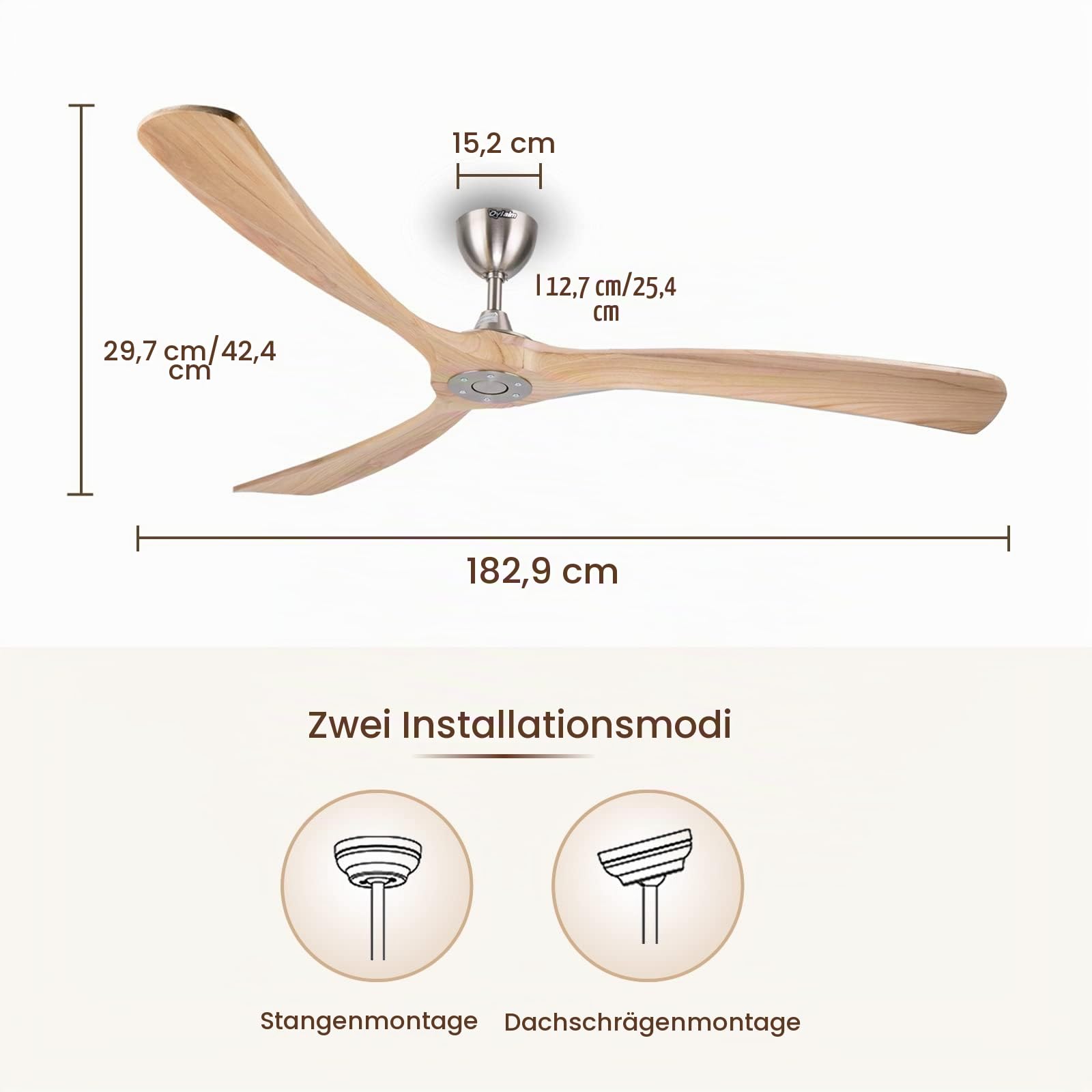 Ovlaim 183cm Holz DC Deckenventilator ohne Licht Fernbedienung