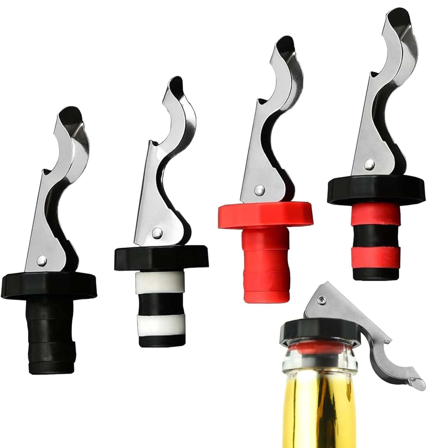 Wine Stoppers, 4 Pcs Reusable Wine Bottle Corks, Lever-Arm Wine Bottle Stoppers, Food-Safe Silicone Bottle Stoppers, Expanding Manual Beverage Stopper, Creates Airtight Seal for Wine Beverage Supplie
