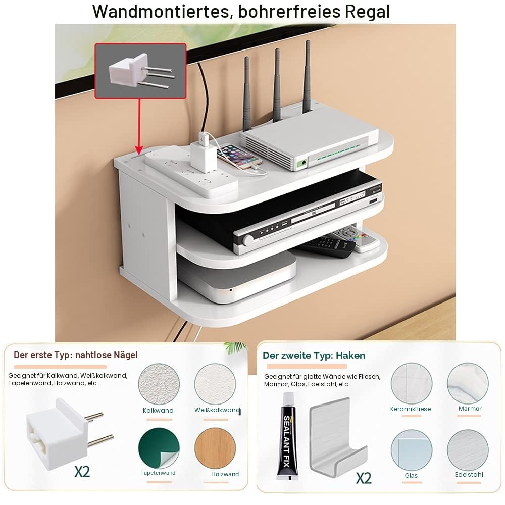 Hggzeg WiFi Router Aufbewahrungsbox schwebende Regale TV Set-Top-Rack, Wandmontage mehrschichtiges Kabelmanagement Lagerregal für Wanddekoration (jl04,weiß)