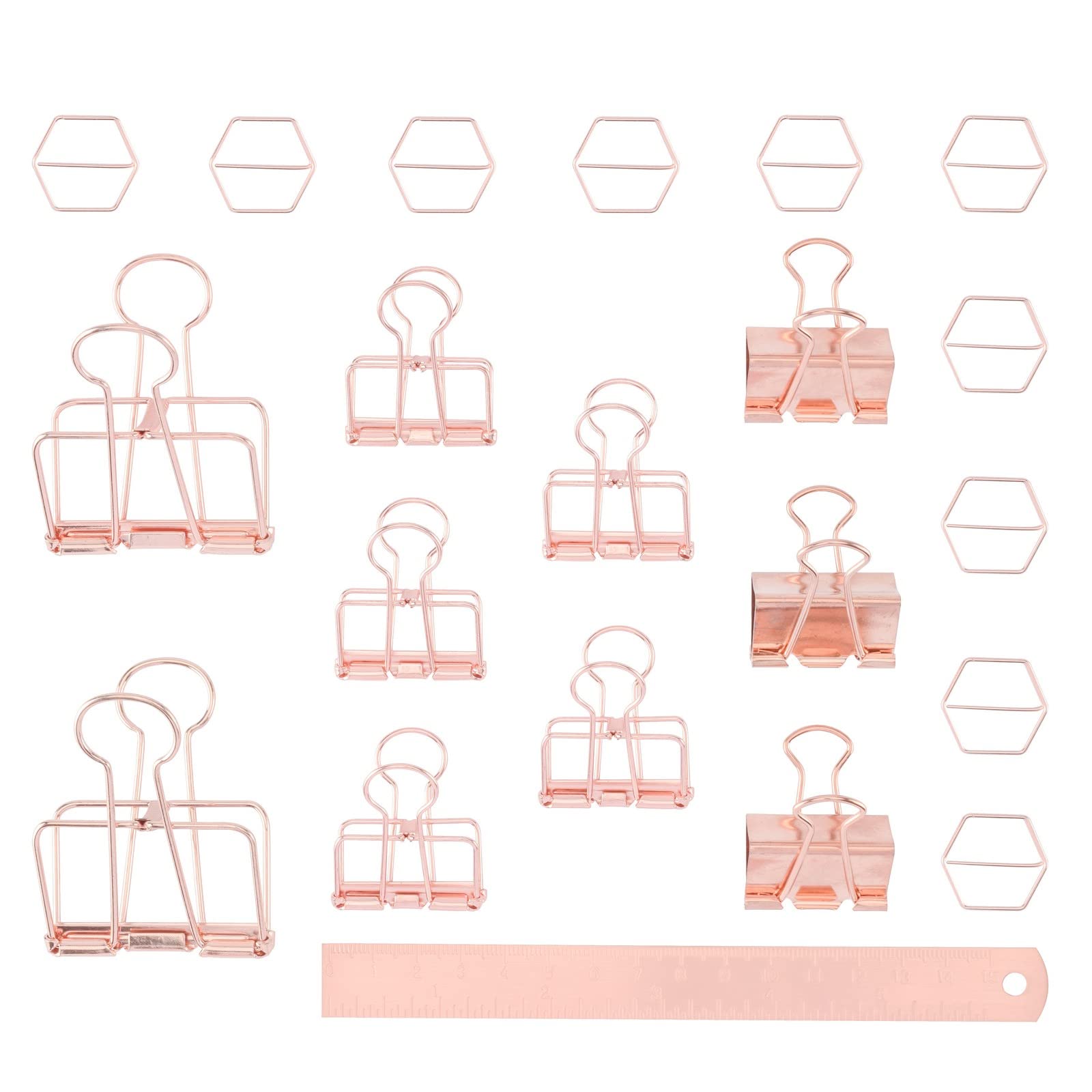 Vaessen Creative Rose-Gold Bulldog 21 Pcs-Stationery Set With Paperclips, Binder Clips And Ruler In Rose Gold-For Paper, Cards, Photos, Drawings And Clipboards, Various
