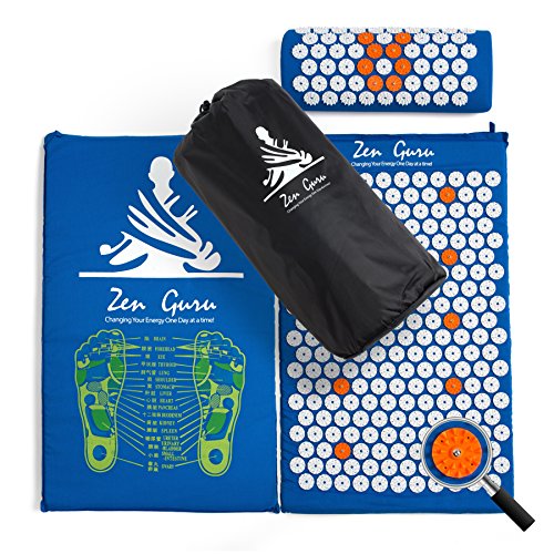 ZenGuru Best Acupressure Mat & Pillow Set - Effective Remedy for Pain and Stress Relief - with Magnet Therapy - Includes Carry Bag & Reflexology Foot Chart (Blue)