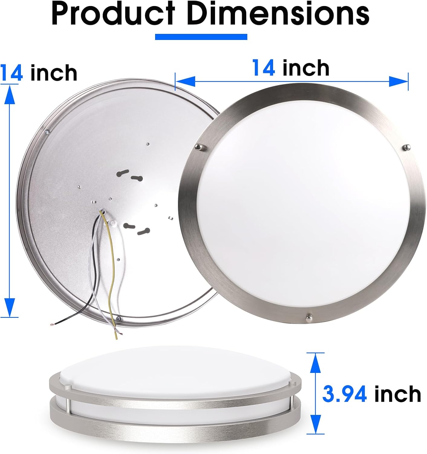 Energetic 14 Inch LED Flush Mount Ceiling Light Fixture, 3000K/4000K/5000K Color Adjustbale, Dimmable Ceiling Light for Bedroom, Kitchen, Bathroom, Study, 24W, 1560LM, Nickel, ETL Listed, 1 Pack