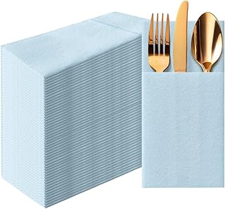 PAW - Baby Blue Linen Feel Napkins with Built-in Flatware Pocket, Airlai...