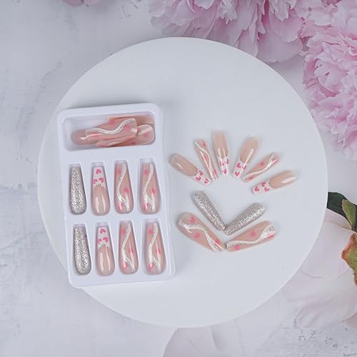 Miniatura 5 de Uñas postizas a presión con punta francesa para el día de San Valentín, uñas postizas largas con diseño de corazón rosa, uñas acrílicas, cobertura