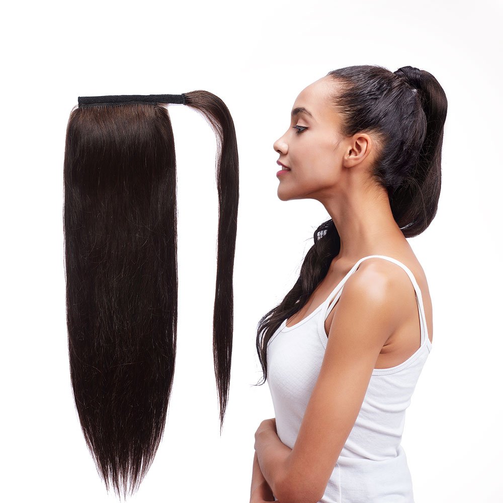 Ponytail Human Hair Clip Extensions - 18" Straight Wrap Around Ponytail Extension for Woman 100g (2# Darkest Brown)