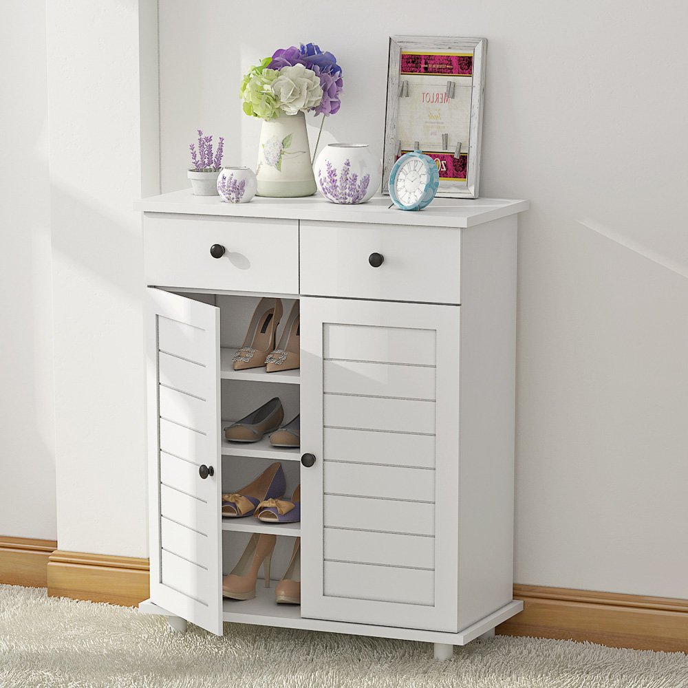 Wooden Shoe Rack Storage Cabinet Unit Hallway Bedroom Furniture with 2 Drawers and 2 Opening Doors, White