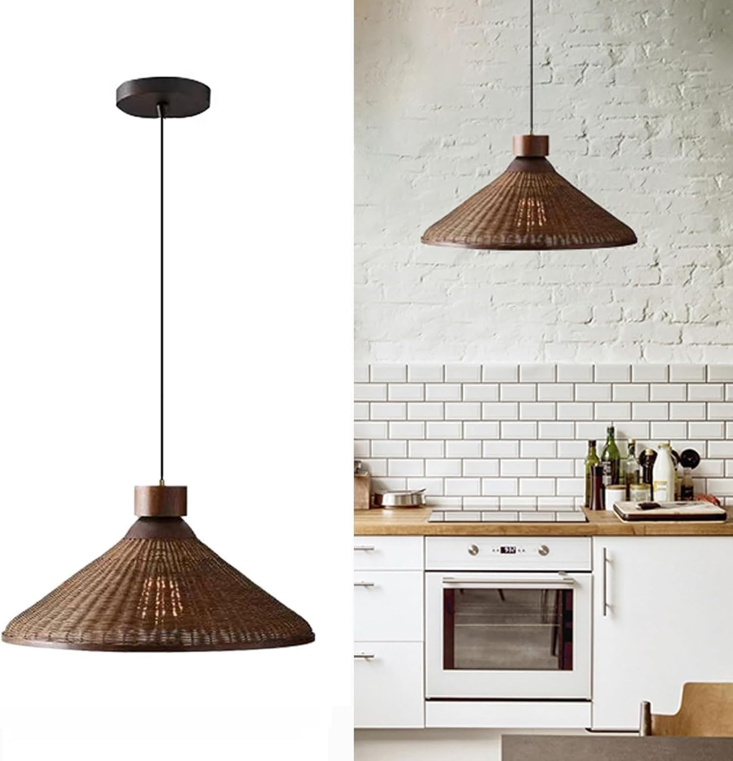 LYMSXAZOU Large Boho Rattan Pendant Light Fixture - Hand Woven Coastal Chandelier for Dining Room, Kitchen, and Bedroom(13.7in)