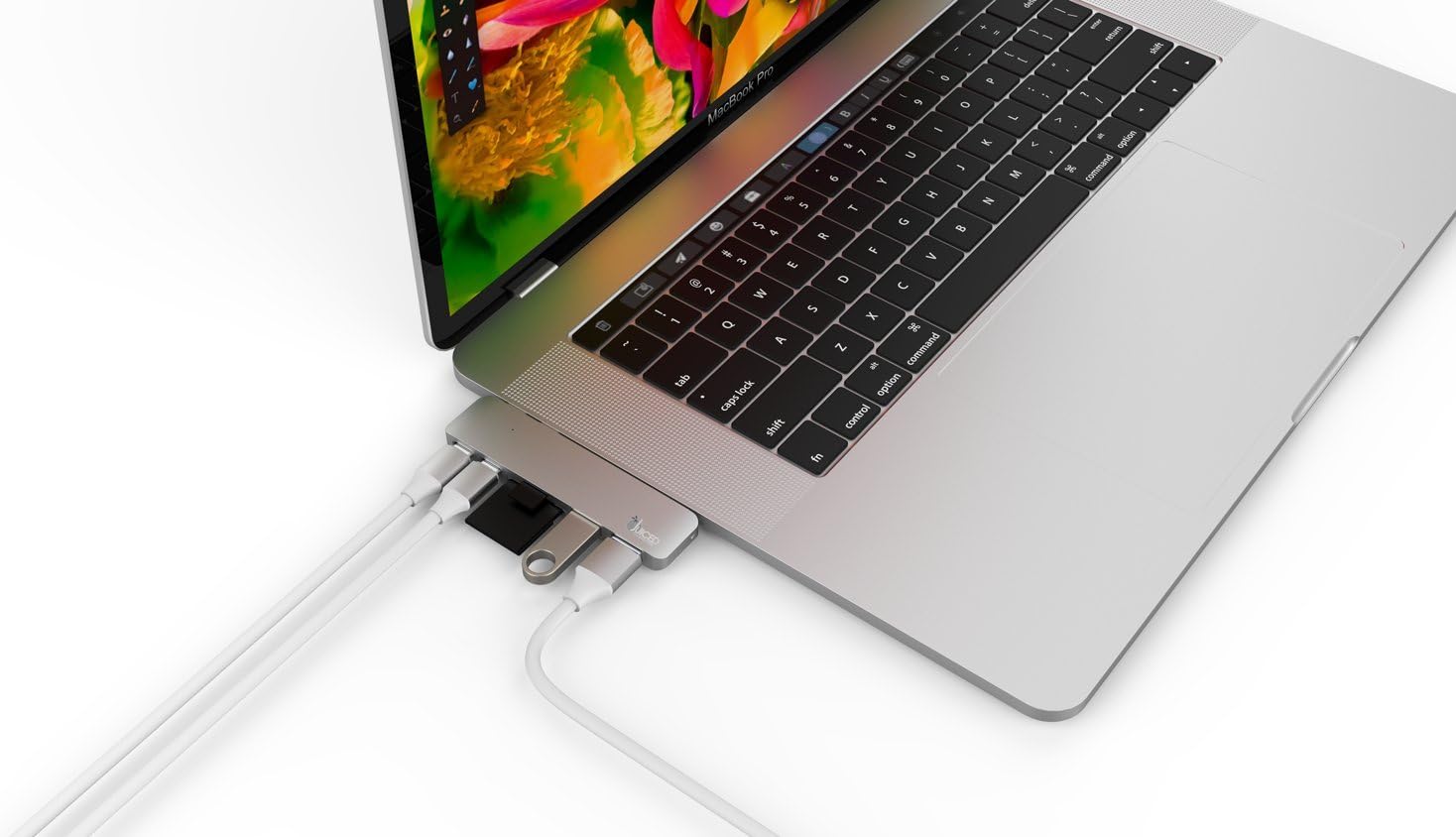 Juiced Systems MacBook Pro USB-C 6 Port Adapter - 2X USB-C Ports | 1 SD Memory Card Input | 1 Micro SD Memory Card Input | 2X USB 3.0 Ports (Silver)