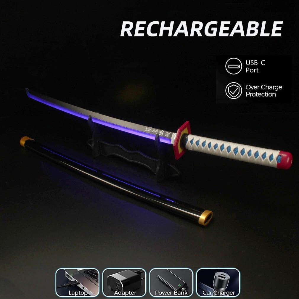 LED Light Demon Slayer Sword Cosplay 41 inches with Belt Holder Stand