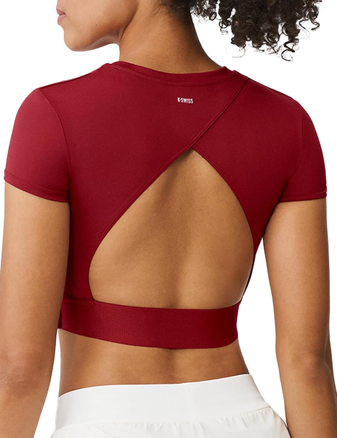 K-Swiss Workout Tops for Women - COMDRY Fiber Crop Open Back Athletic Shirts Short Sleeve Gym Sports Yoga Tees Slim Fit,