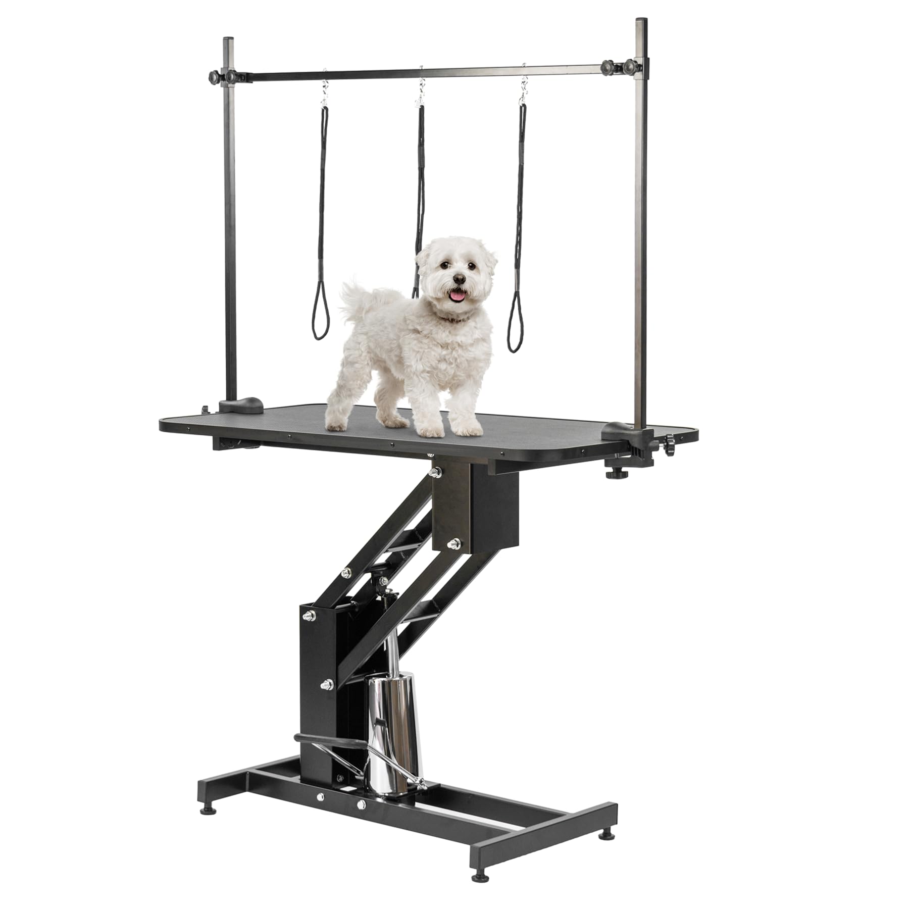 KCT Large Black Hydraulic Dog Grooming Table with H Bar and Leashes. Large Black Hydraulic Grooming Table