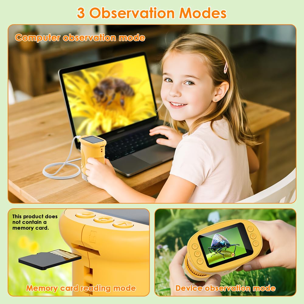 Microscopio Digitale per Bambini, Temodu da 2,0 Pollici Microscopio Digitale Bambini, con 8 luci LED Regolabili 1000X, Capodanno per dai 3 agli 12 anni (382-Yellow)