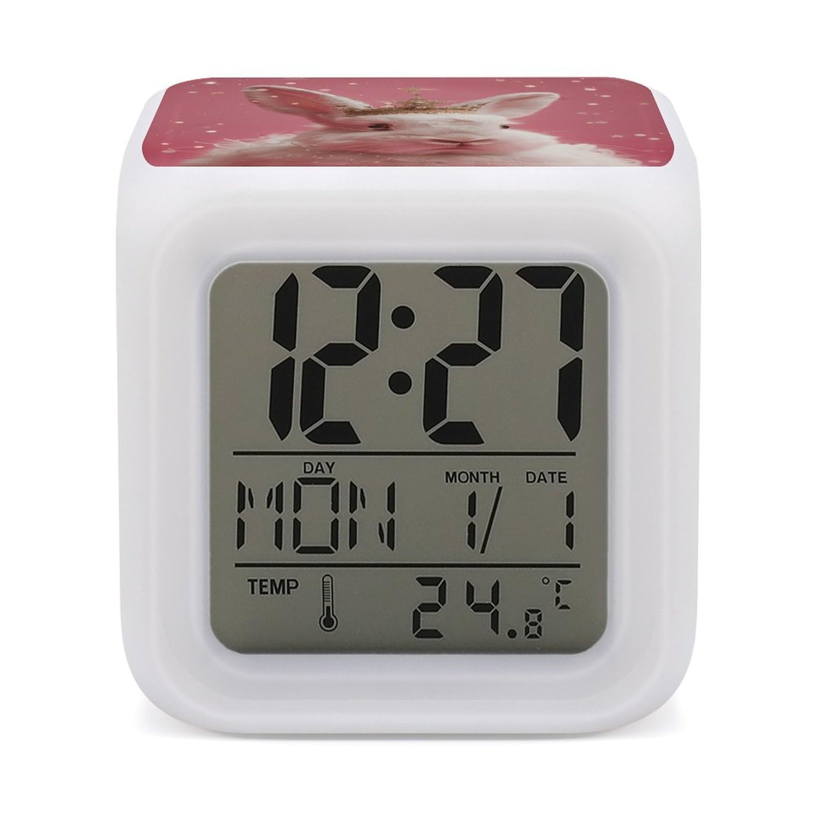JTREHY 7 Color Changing LED Digital Alarm Clock,Rabbit Wearing A Crown Printed Wake-up Clock with Temperature Display Home Decoration Alarm Clock for Bedroom Office