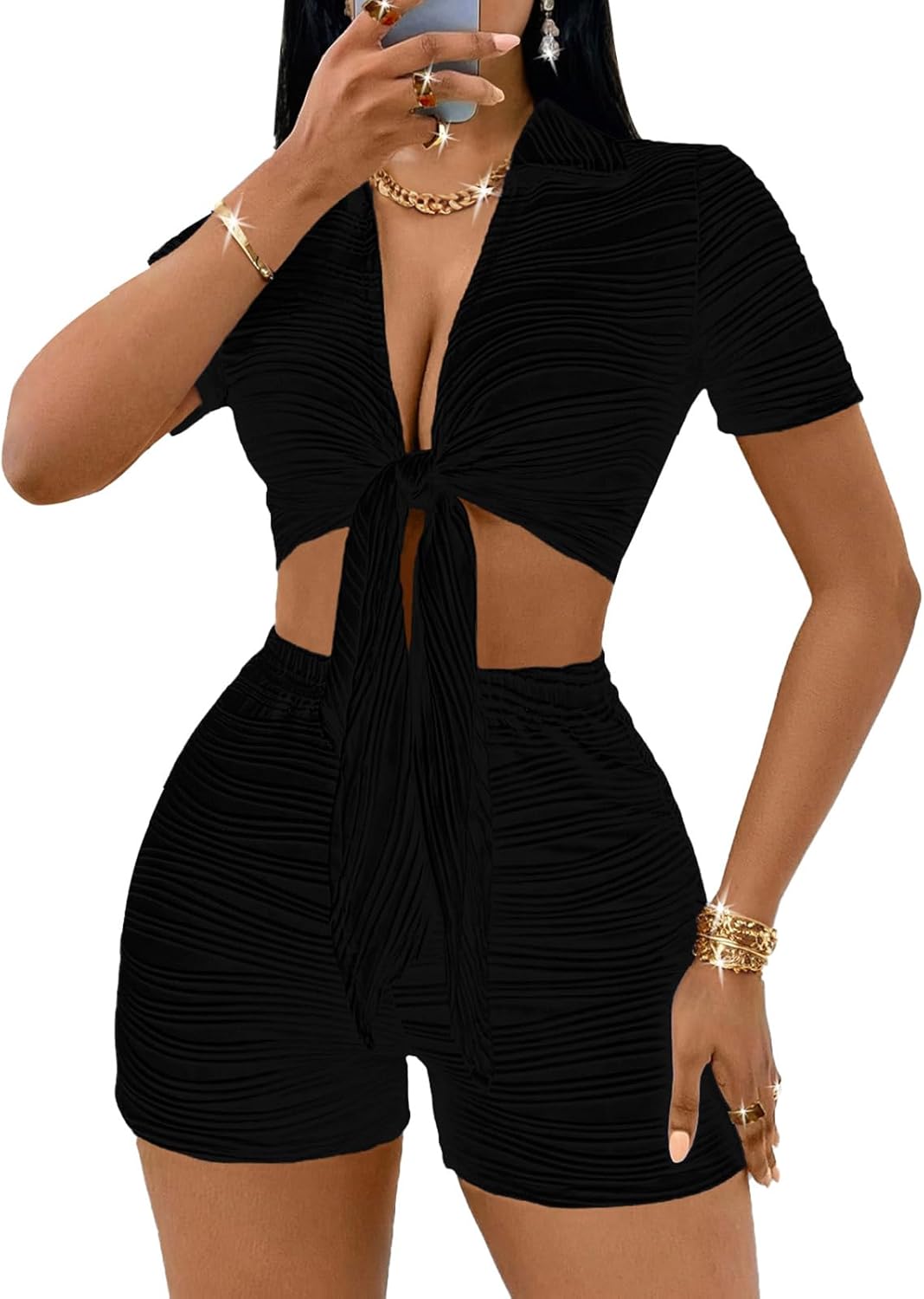 MSLG Women's Sexy 2 Piece Set Solid Summer Bodycon Suit Casual Tie Front Short Sleeve V Neck Crop Top Shorts Outfits Sets S42