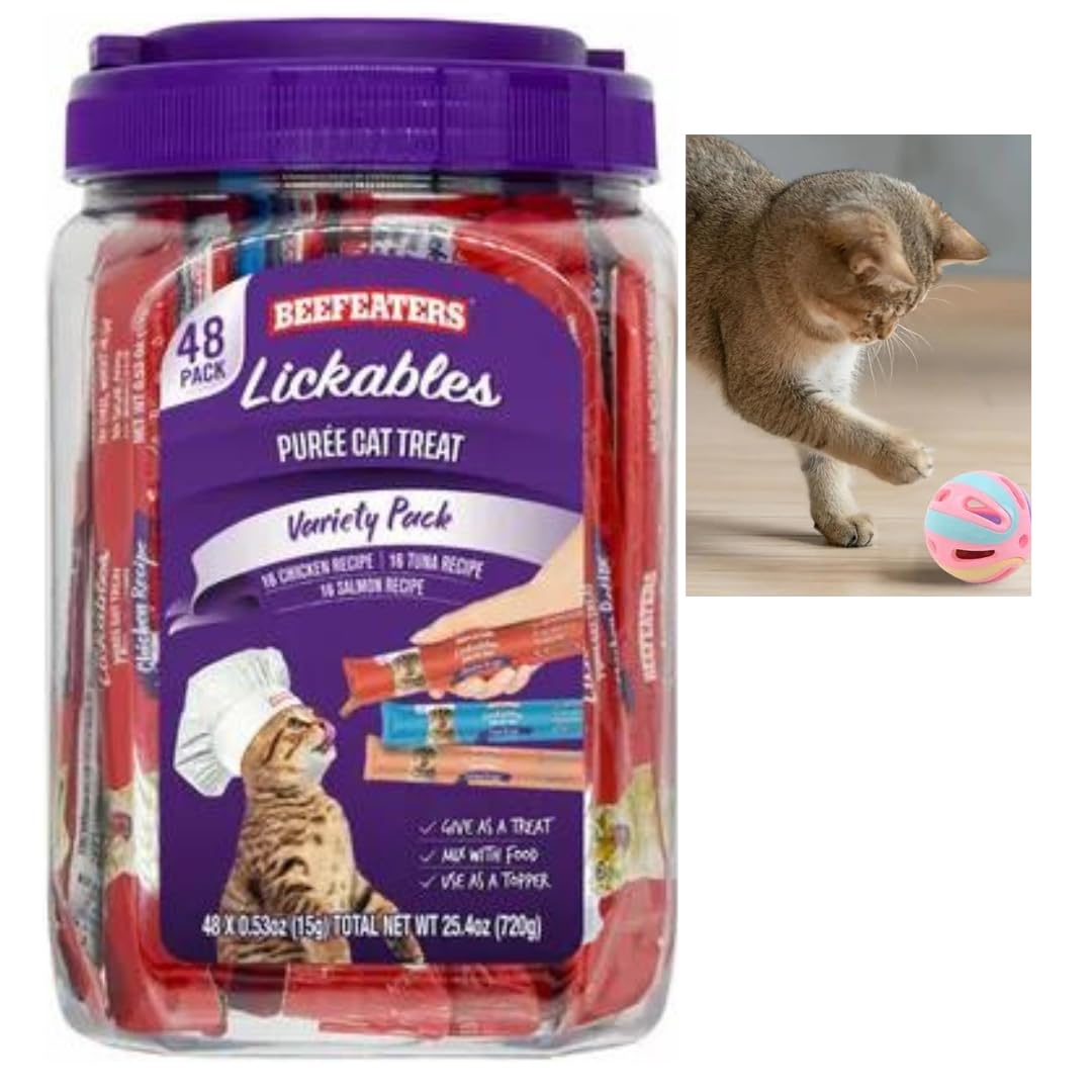 Beefeaters® Lickables® Puree Cat Treat Variety Pack (48 Count) 25.4 OZ, Plus Cat Toy Balls with Bell. Color May Vary