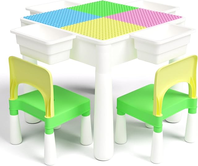 FAYDUDU 5 in 1 Kids Table and Chair Set Multi-Activity Table with 2 Chairs include 120 Pcs Large Size Blocks Play and Build Table Set with Storage (pink green)