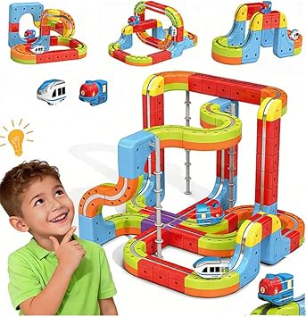 Electric Train Set with 2 Trains, 3D Infinity Train Tracks, DIY Toy Car Track, Modular Building Blocks Freely Assembled, STEM Learning Toy for Kids Toddlers Boys & Girls (Blue & White Trains)