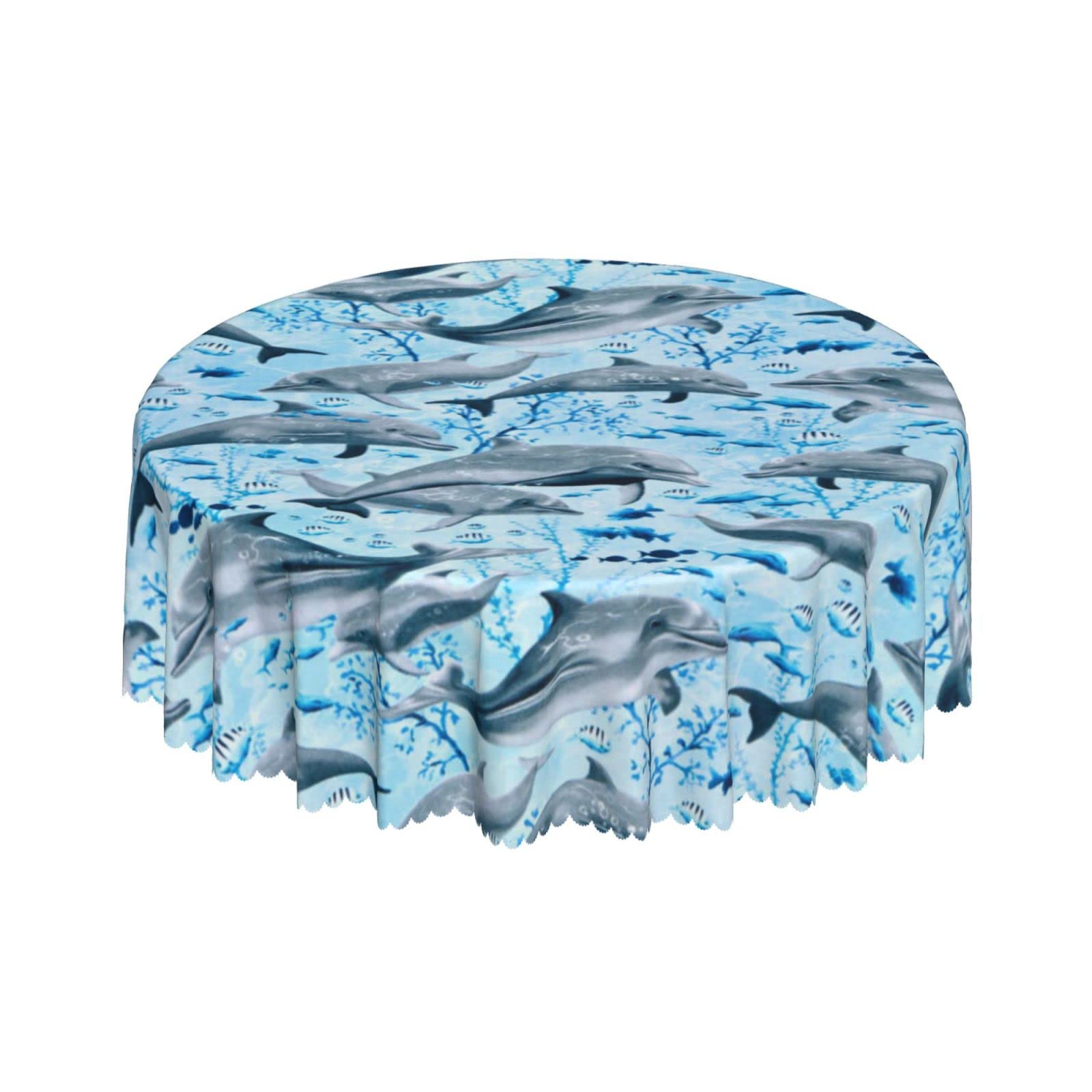 Lsjuee Cute Dolphin Blue Round Tablecloth 60 Inch Printed Washable Tablecloth for Dining Party Holiday Fall Home Decorative