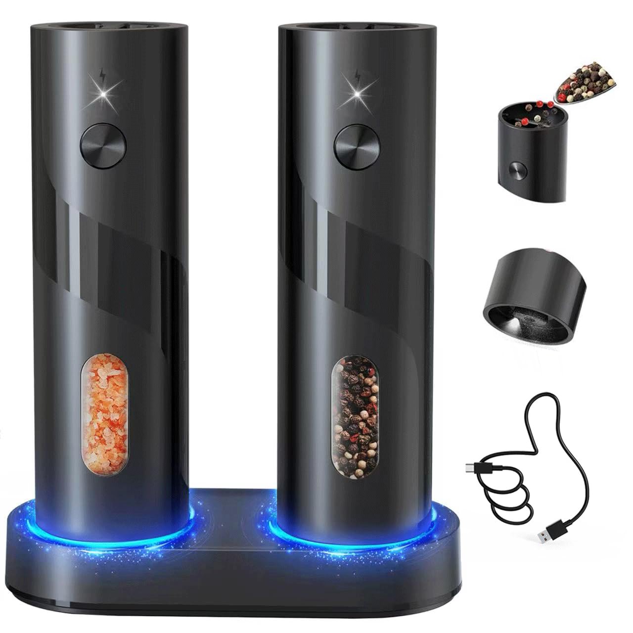 CIRCLE JOYElectric Rechargeable Salt and Pepper Grinder Set Top-Refill Automatic Pepper Mill Grinder with Charging Base, Adjustable Coarseness, Easy Filling Larger Capacity with Led for Home Kitchen