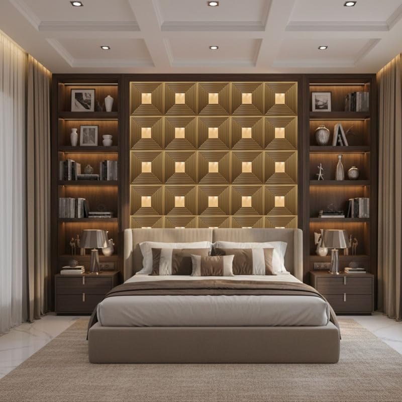Image of Kayra Decor 3D PVC Wall Panels - Line Design, Mirror Golden Color, 19.7 inch x 19.7 inch (Pack of 12) | Covers 32.28 Sq. Ft. |