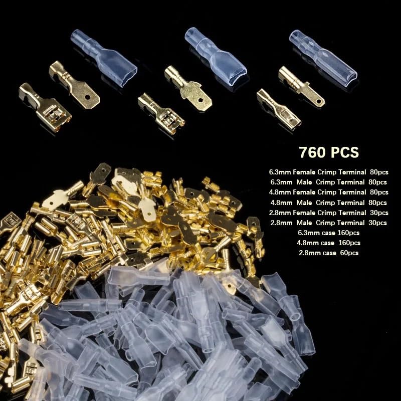 760 Stück/190 Paar 2,8/4,8/6,3 mm Quetschklemmen, weiblich und männlich, Flachdrahtverbinder-Set mit Isolierhülsen 0,5 mm²–1,5 mm²