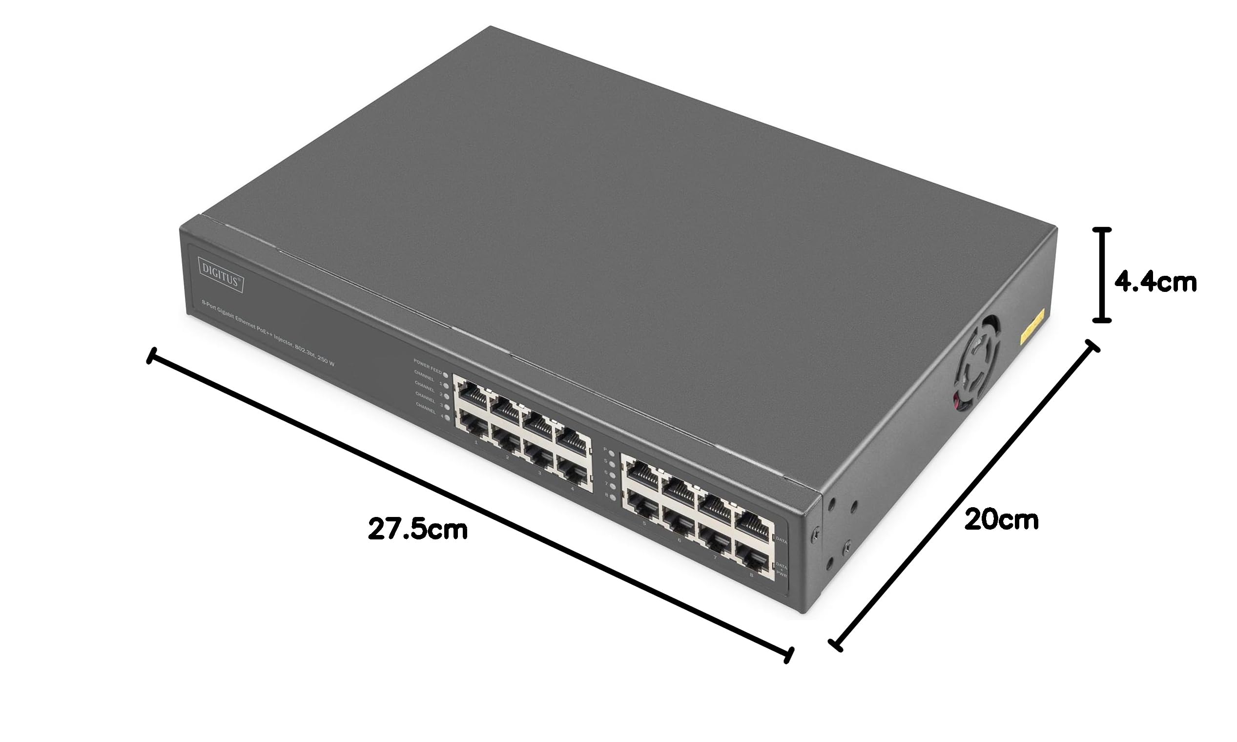 DIGITUS Injecteur PoE+ - 8 Ports RJ45 - Gigabit - IEEE802.3bt - 250W Budget PoE - Tension de Sortie 54VDC - 10/100/1000 Mbit/s - portée 100m - Plug & Play - Noir