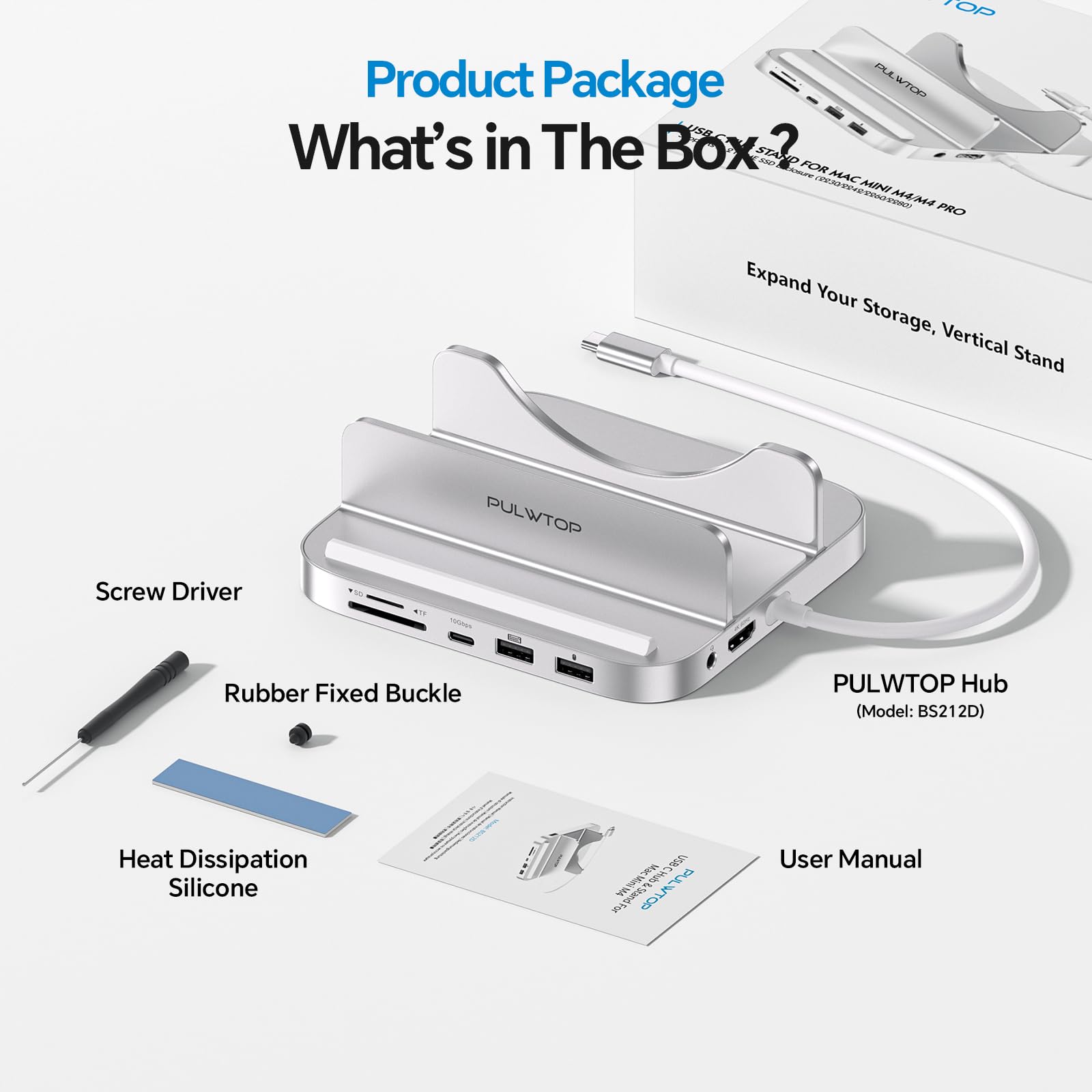 Stacja dokująca Mac mini M4 z obudową 4 TB M.2 SSD i HDMI 4K, aluminiowy pionowy hub USB-C do Mac mini M4 Pro, stojak USB-A/C 10 Gb/s, 2 x USB-A 2.0, 3,5 mm Audio, SD/TF (SSD nie jest