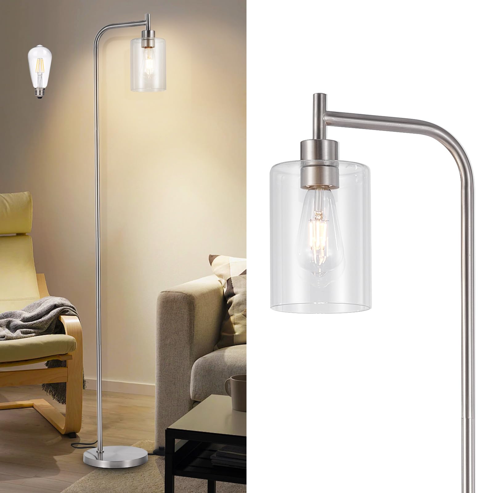 DLLT Floor Lamp Tall for Room: Nickel Standing Lamp with Clear Glass Lampshade for Bedroom - Modern Bright Lamp for Living Room - Industrial Corner Floor Lamps for Office 8W Led Bulb Included