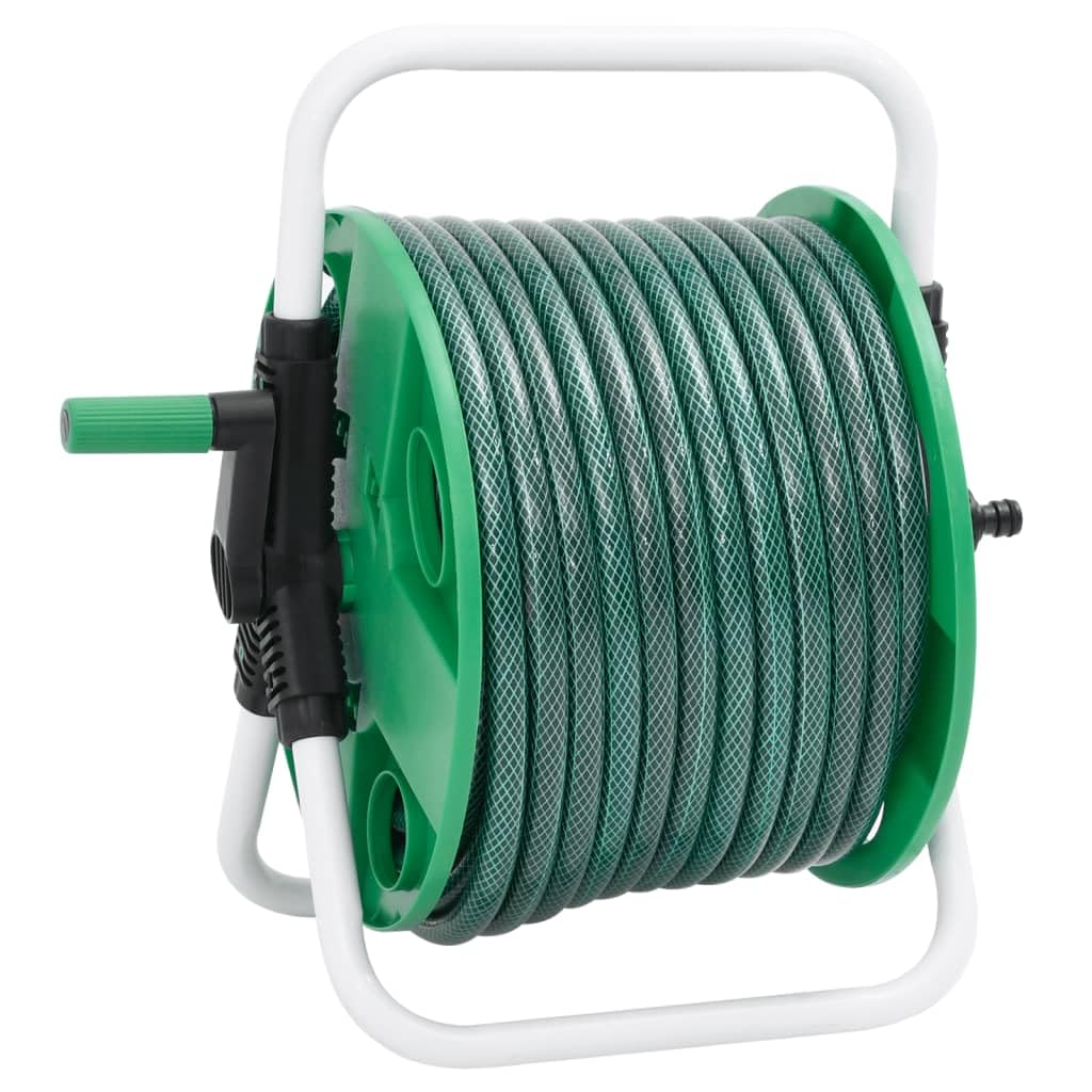 Avvolgitubo autoportante verde con tubo in PVC da 30 m, supporto in acciaio zincato, salvaspazio e antiruggine, per giardino, terrazza, balcone, officina, irrigazione esterna