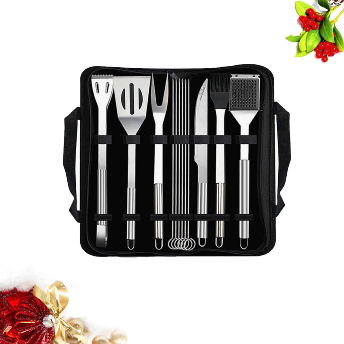 Kit de Herramientas para Barbacoa Utensilios de Parrilla 12 Piezas de Acero Inoxidable con Bolsa Negra Pala, Pinzas, Cuchillo, Tenedor, Brocha y Brochetas para Camping y